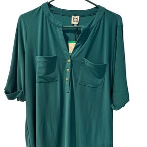 NWT Anne Klein Green Blouse Size Large Gold Accents Career Workwear